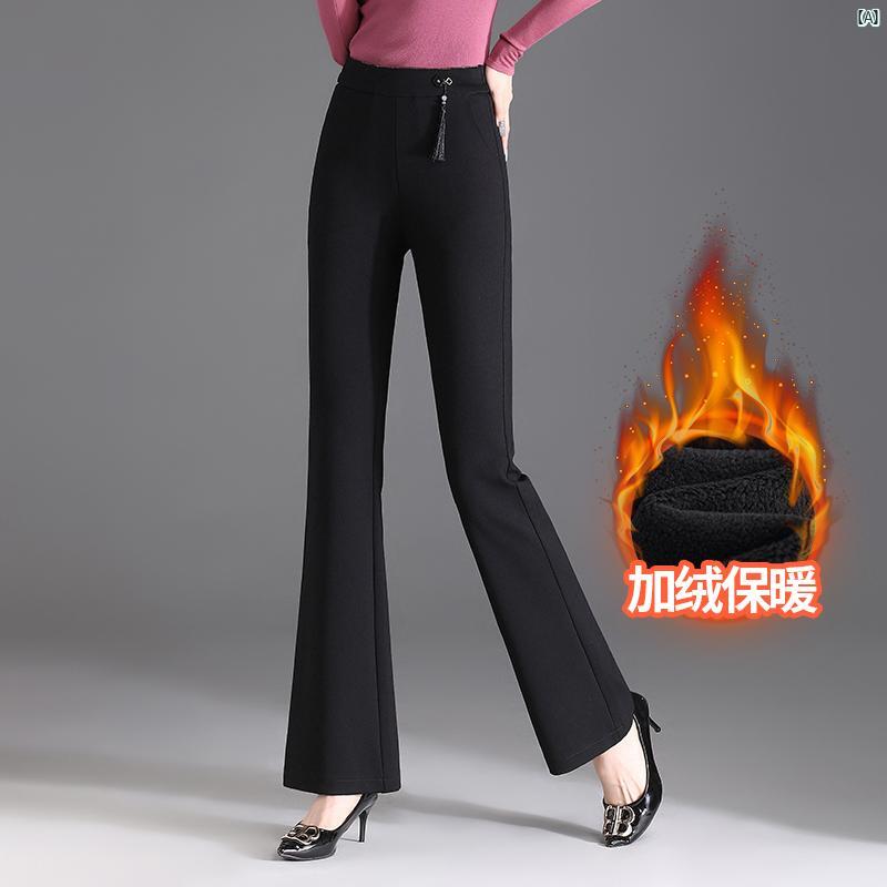 冬用 レディース マイクロフレア パンツ ベルベット 厚く スリム ハイウエスト ウエスト ゴム スリットパンツ ブラック