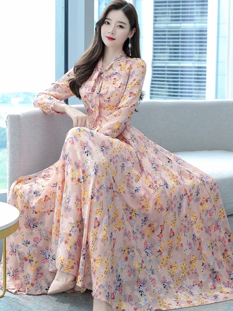 ワンピース レディース ロング丈 マキシ丈 長袖 Vネック ボウタイ リボン フレア Aライン シフォン 花柄 ロングシーズン ママ パーティ 二次会 誕生日 オルチャン ３XL 4XL ホワイト