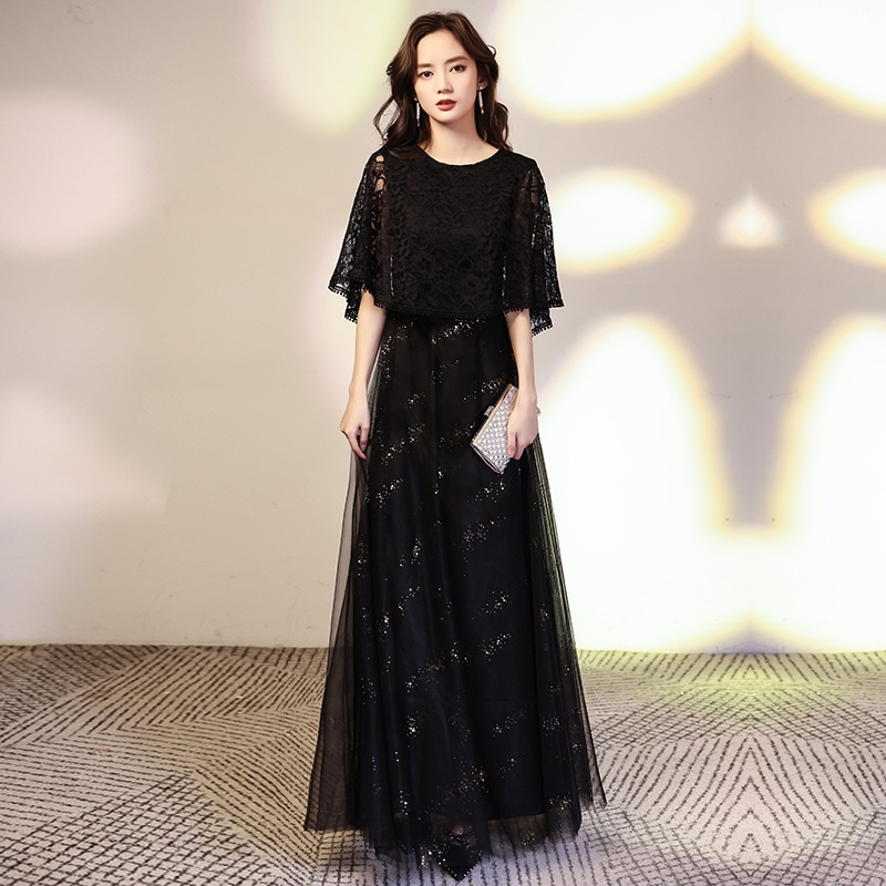 パーティー ドレス レディース服 結婚式 ワンピース 二次会 発表会 20代 30代 40代 50代大きいサイズのイブニングドレスブラック2024新しい気質ロングレーススリムホスト腕カバー宴会イブニン