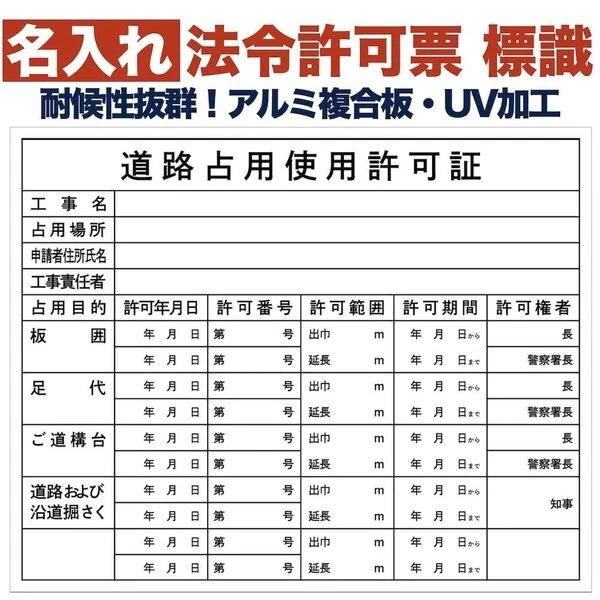 名入れあり 法令許可票 道路占有使用許可 標識 看板 500mm400mm アルミ複合板 四隅穴あ