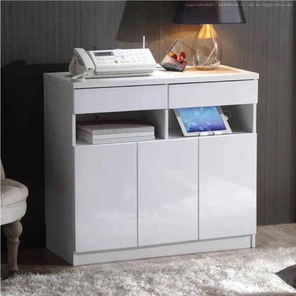 キャビネット 幅90cm 白 ホワイト シンプル 収納棚 引き出し A4サイズ FAX台 ファックス棚 電話台 プリンター台 扉つき コード 配線 スッキリ 整理 背面収納