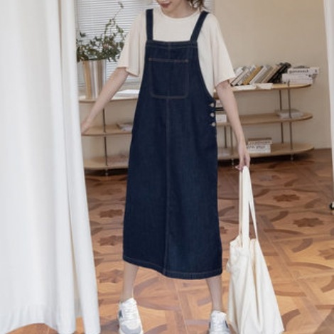 スカート ジャンパースカート ジャンスカ 膝下 ミモレ丈 袖なし Aライン スリット バックスリット ポケット 綿 デニム かわいい 大人可愛い シンプル カジュアル 大人 おしゃれ レトロ