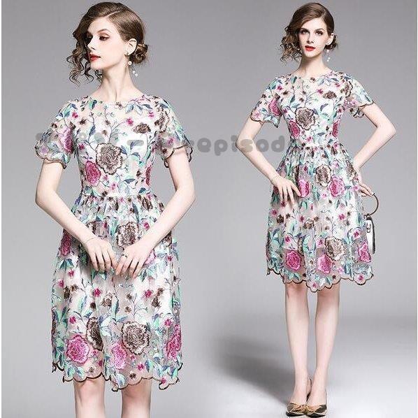 パーティードレス 花柄 刺繍 ワンピース ミモレ丈 ブライズメイド ドレス ひざ丈ドレス 二次会 入学式 結婚式ドレス 演奏会 大きいサイズ 透け感レース