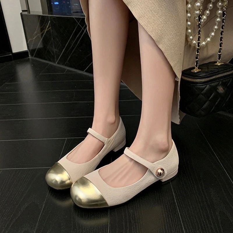 レトロな丸いヘッドストラップメリージェーンシューズ25浅い口フラットシングルシューズ女性 韓国ファッション フラットサンダル フラットパンプス