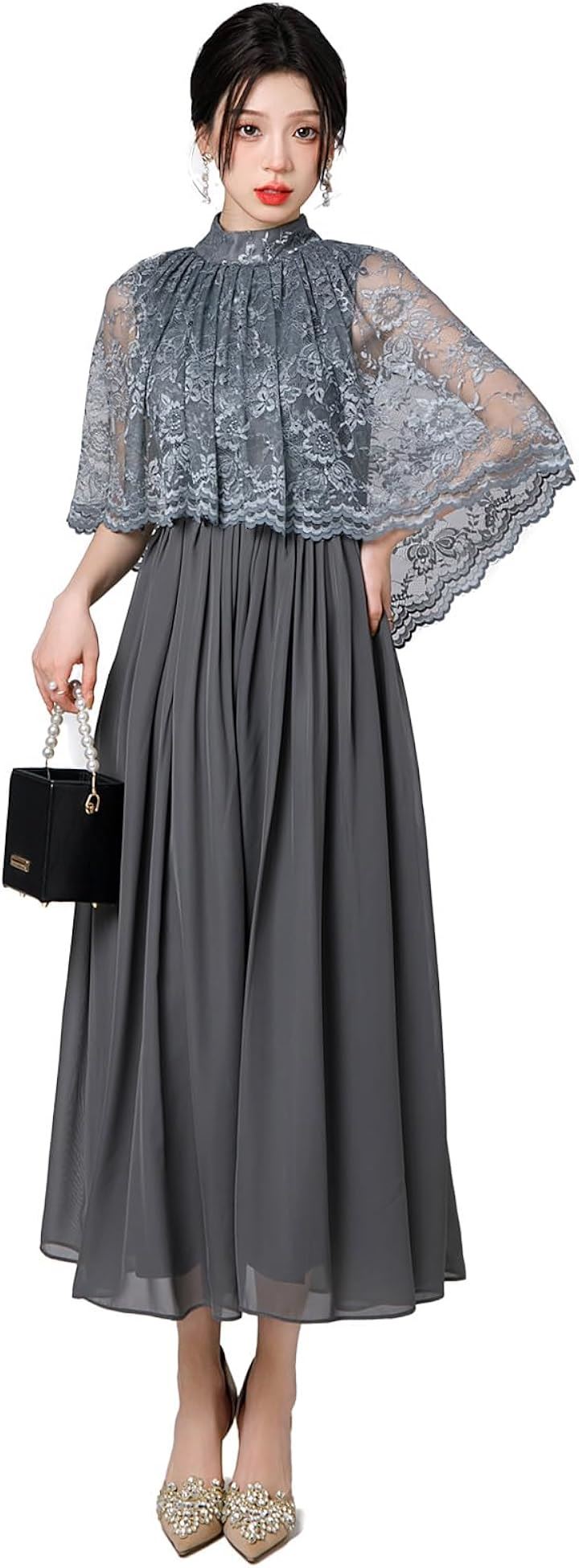 結婚式ドレス ケープ付き ロング レース お呼ばれ 袖あり ミモレ丈 体型カバー Aライン フォーマル( ダークグレー, L)