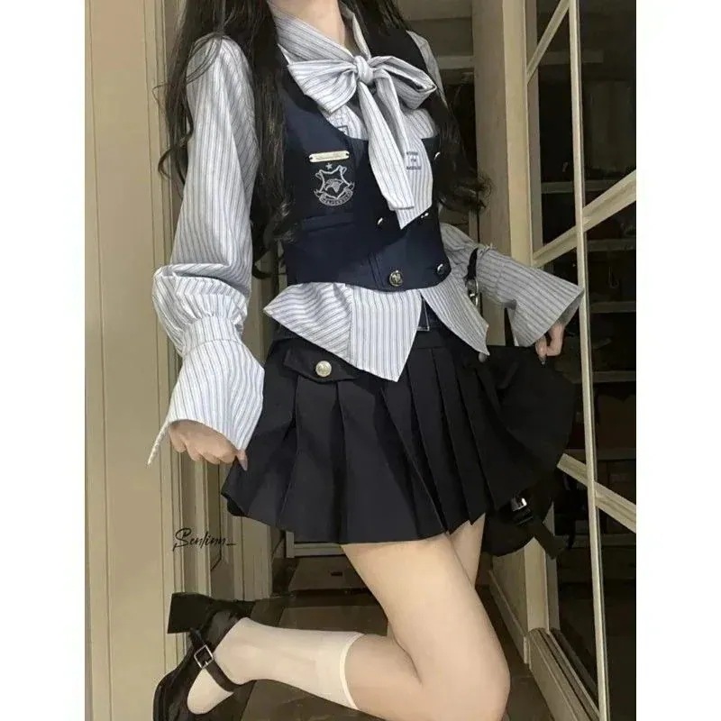 3日以内出荷涼しく楽ちんセットアップ レディース制服学院風シャツベストハイウエストスカートファッション3点セット 制服 韓国ファッション