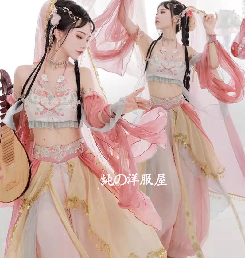 中華風アラビアン コスプレ衣装 ピンク系 ベールとリボンの姫袖付き ひらひらの5点セット 大人 中華 飛天 漢唐古典風 ダンス衣装 裾フリル付きのブラトップ スカーフ付きひらひらのアラジンパンツ ベ