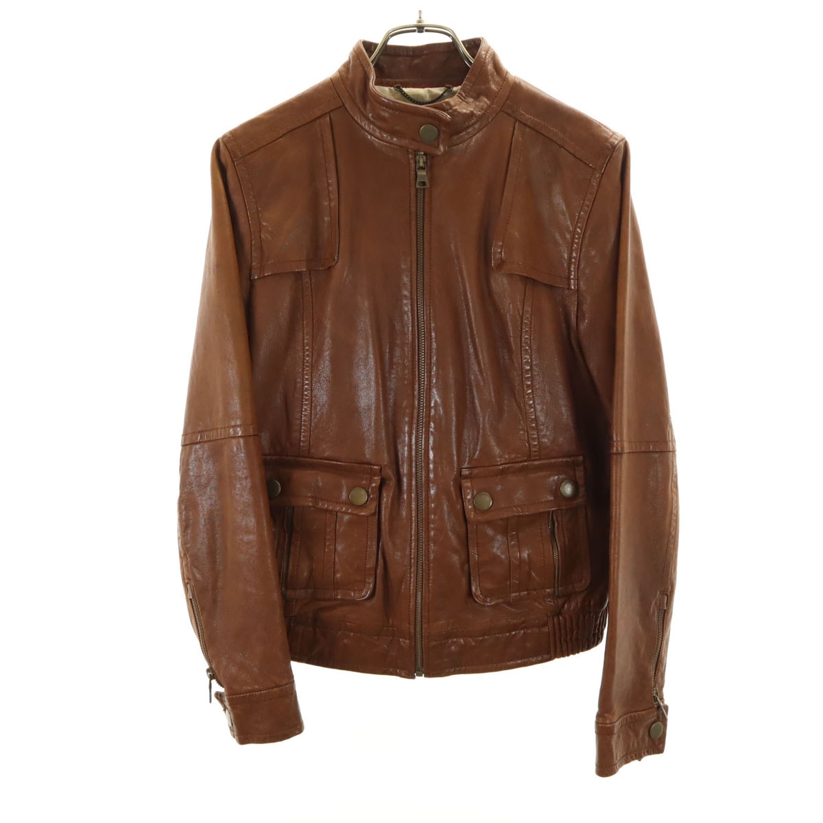 羊革 レザー シングルライダースジャケット M ブラウン レディース 古着