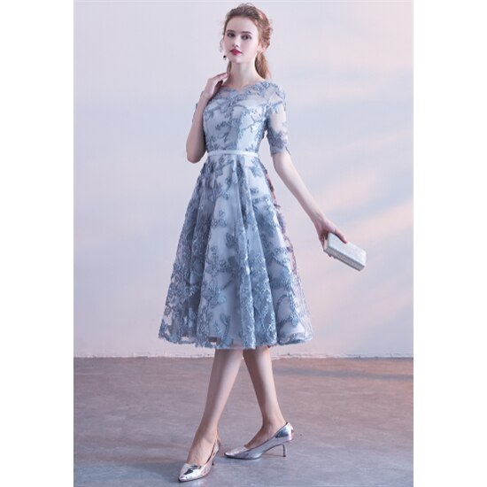 【取寄：納期2週間】結婚式ドレス 演奏会ドレス 半袖 大きいサイズ XL 2XL 3XL Aラインスカート ミドル丈 Uネック 花柄 お呼ばれ エレガント ワンピースドレス フレアスカート シースルー