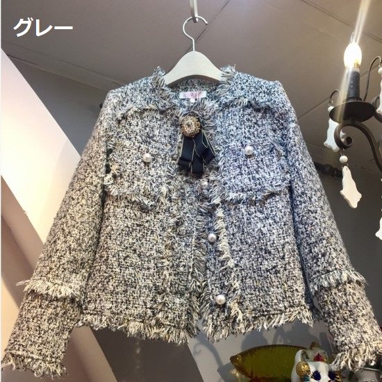 【取寄：納期2週間】ツイードジャケット レディース ジャケット 長袖 きれいめ おしゃれ リボン タッセル パールボタン ビーズ飾り エレガント ピンク グレー 羽織 アウター