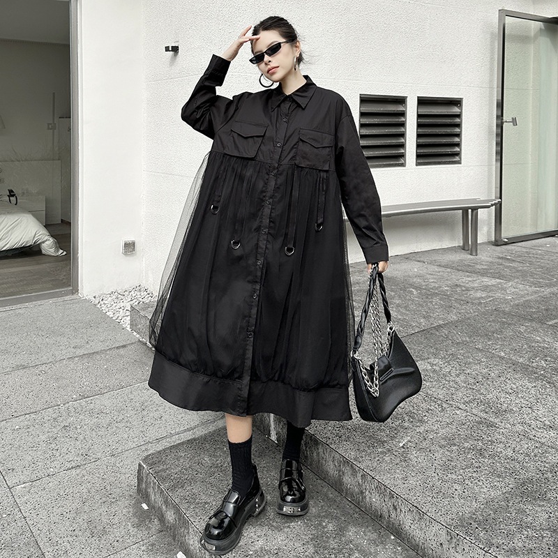 【J.Fashion】 チュールドッキング おしゃれ ロングワンピース 個性的なデザイン レディース シャツワンピース メガ割 5,327円