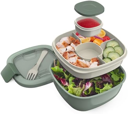 Bentgo サラダランチコンテナ BPA不使用 大型54オンスボウル 4コンパートメント 弁当スタイルトレイ サラダトッピングやスナック用 ドレッシン用3オンスソースコンテナ 再利用可能なフォ...