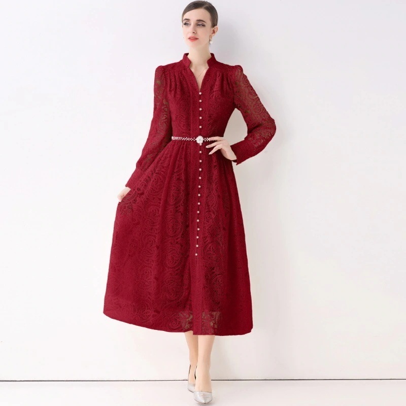 Vネックランタンスリーブ刺繍フラーワンピース（上品風） 入学式 卒業式 結婚式 演奏会 パーーティー お呼ばれドレス