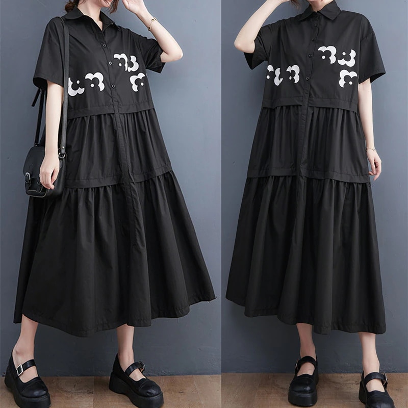 夏服新型プリントシャツワンピースファットマミー痩せている半袖ロングワンピース