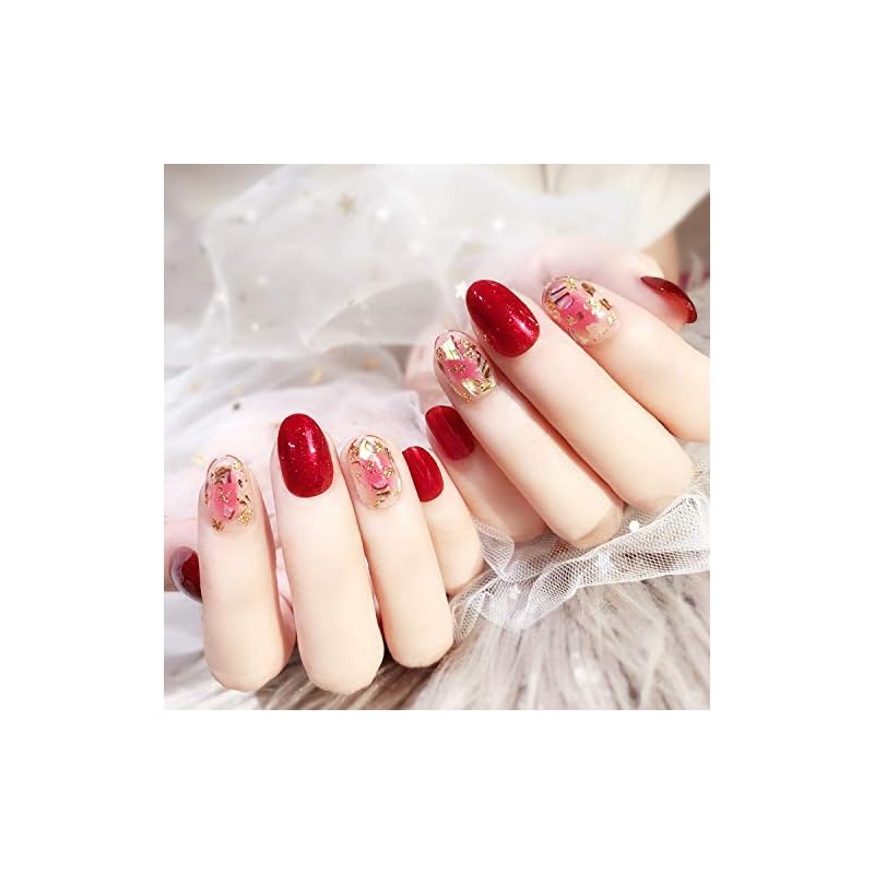24Pcs手作りネイルチップ 結婚式パーティー二次会などに ジルコン ジェルネイルの光疗法 ネイルチップ シェル 金箔 (レッド)
