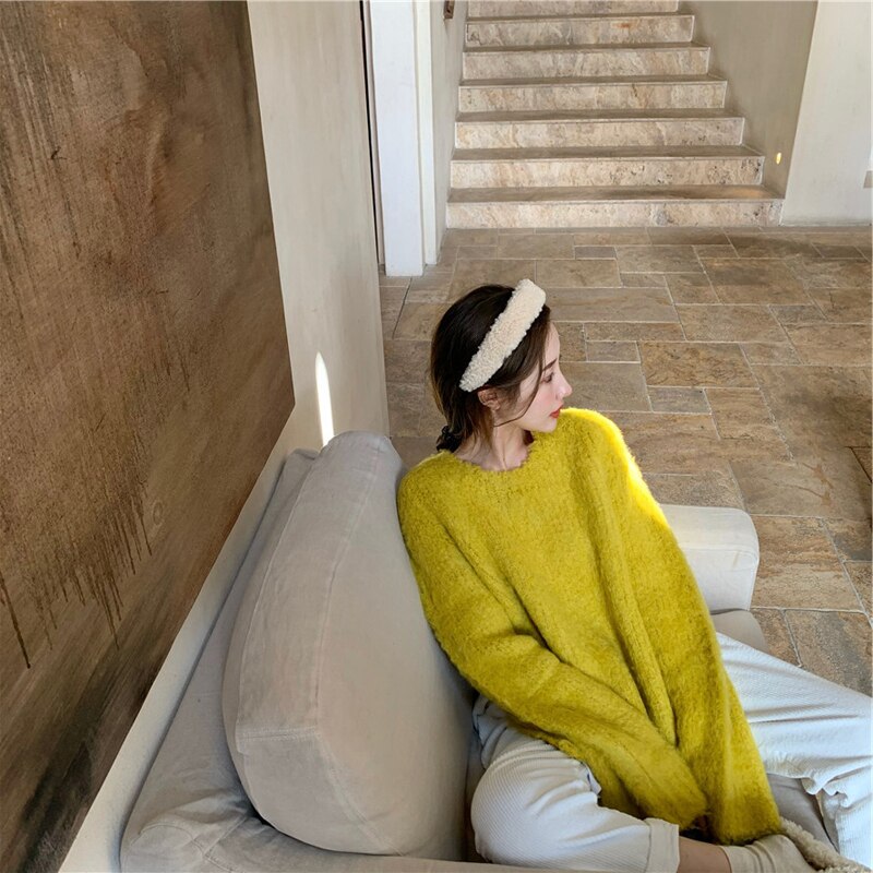 モヘア混ルーズニット ２色 トップス ニット セーター プルオーバー 秋冬 かわいい きれいめ カジュアル オーバーサイズ ゆったり ミモレ丈 長め 長袖 ボリューム袖 ホルンスリーブ 萌袖 ベルスリ