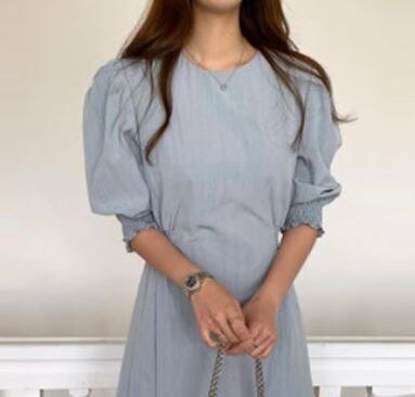 2色 ワンピース 半袖 春夏 かわいい ロング ふんわり Tシャツワンピ Aライン フレアワンピース ロング丈 マキシ丈 アンクル丈 五分袖 ぽわん袖 ボリュームスリーブ パフスリーブ 襟なし フレア