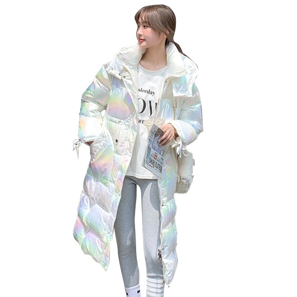 2021冬の韓国版の新商品の亮面の綿入れの服の長さの項のまぶしさの色の羽毛ジャケットの女性のオーバー