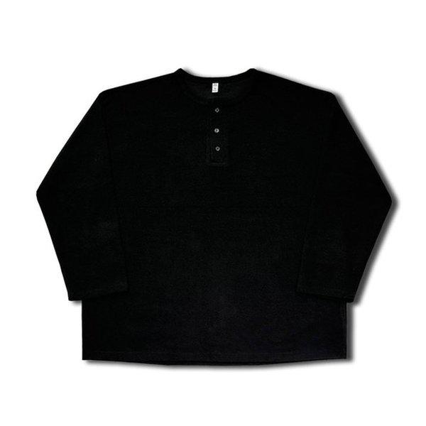 メンズワッフルヘンリーネックボタンラウンド長袖Tシャツ OF-TSA-Q015-ブラック