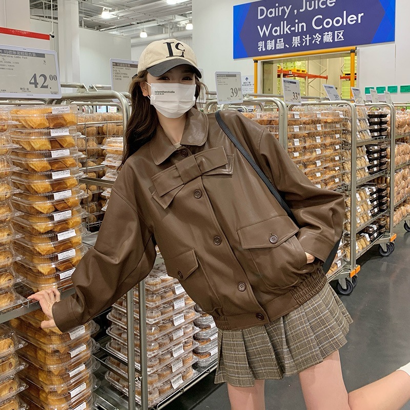 カレーリボンレザージャケットジャケット女性2024春と秋の新しいデザイン小さなPUバイカージャケット