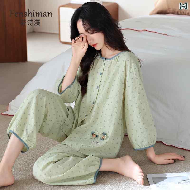 レディース　パジャマ　スウェット　上下 織り 綿 ガーゼ パジャマ レディース 春秋 スタイル 七分袖 2025 春夏 長袖 ホームウェア