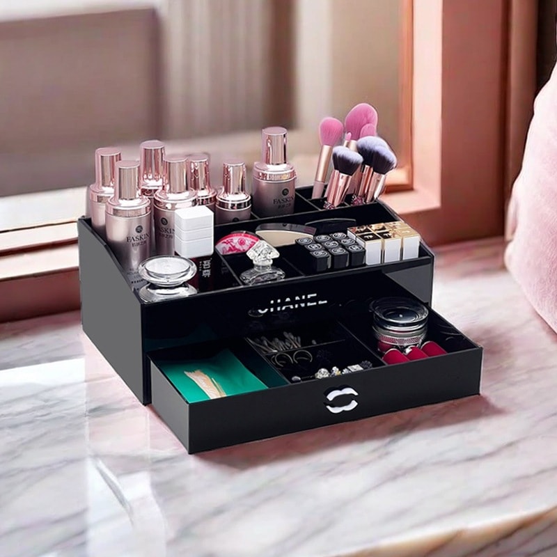ブラック引き出し型化粧品収納ボックスジュエリーボックス整理スキンケアデスクトップドレッシングテーブルマスク口紅収納ラック