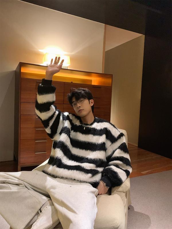 メンズ 冬 ニット モヘア ストライプ カップル セーター 韓国 セーター オーバー サイズ ラウンドネック トップス