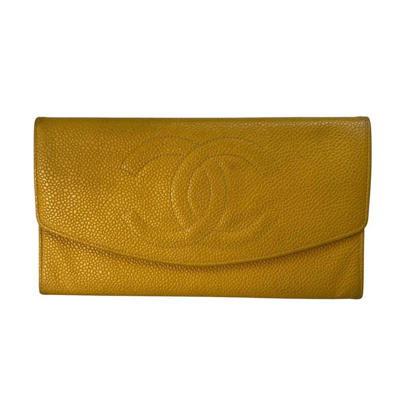 CHANEL シャネル ココマーク キャビアスキン 長財布 イエロー A-12557