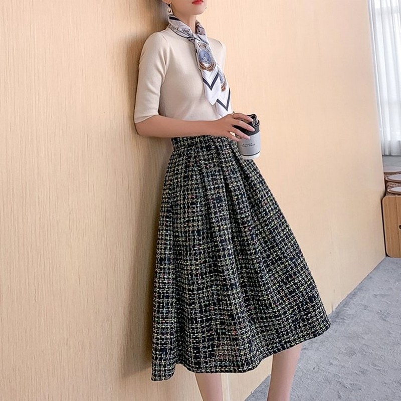 ミッドレングスチェック柄スカート【bt0102】