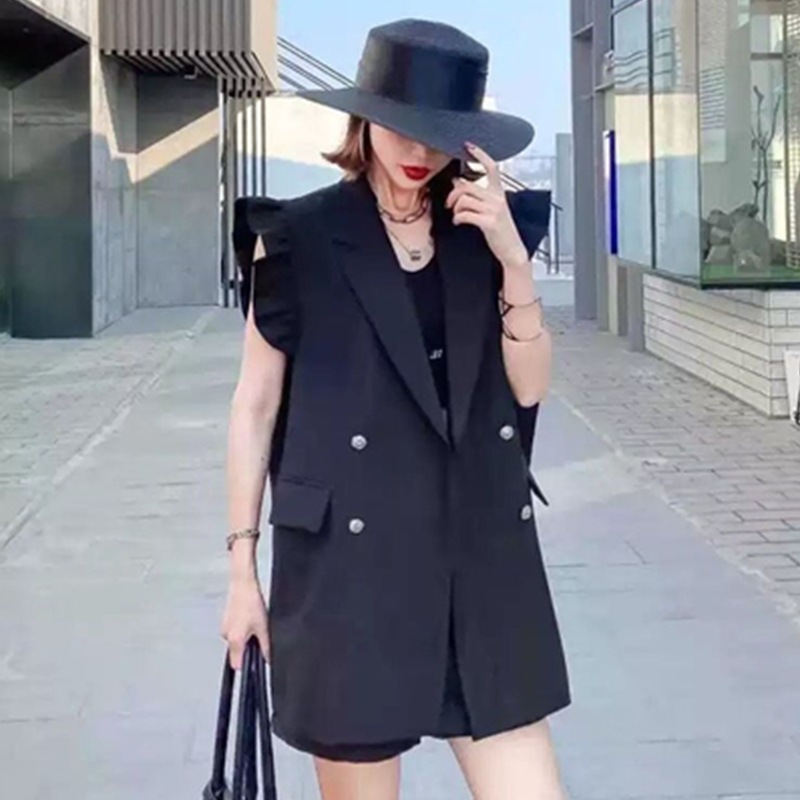 アウター ジャケット ノースリーブジャケット 袖フリル 襟付き 前開き ダブルボタン ポケット ミディアム丈 かわいい 大人可愛い きれいめ シンプル 上品 おしゃれ かっこいい カジュアル レトロ