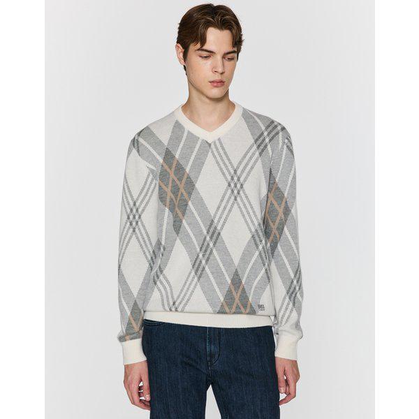 [25FW] [D-CHECK] オフホワイトバイアスチェックVネックスセーターDMSW5D038OW