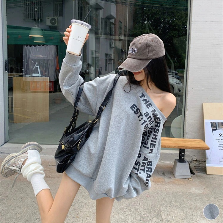 スウェット トップス レディース 長袖 韓国 トレーナー プリント 英字 ロゴ ゆったり 長め ロング