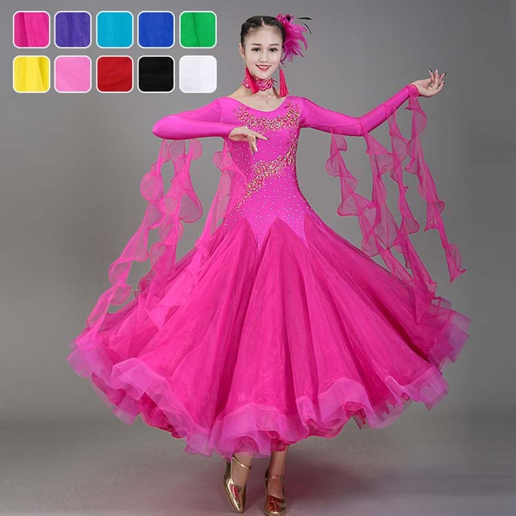 スパンコールワルツ 髪飾り＋イヤリング付 豪華キラキラ舞台ステージ衣装 競技用舞台演出ロングドレス レッスン着 イベント演出服 パーティドレス ラテンタンゴ社交ダンスドレス モダンドレス チュール 8,609円