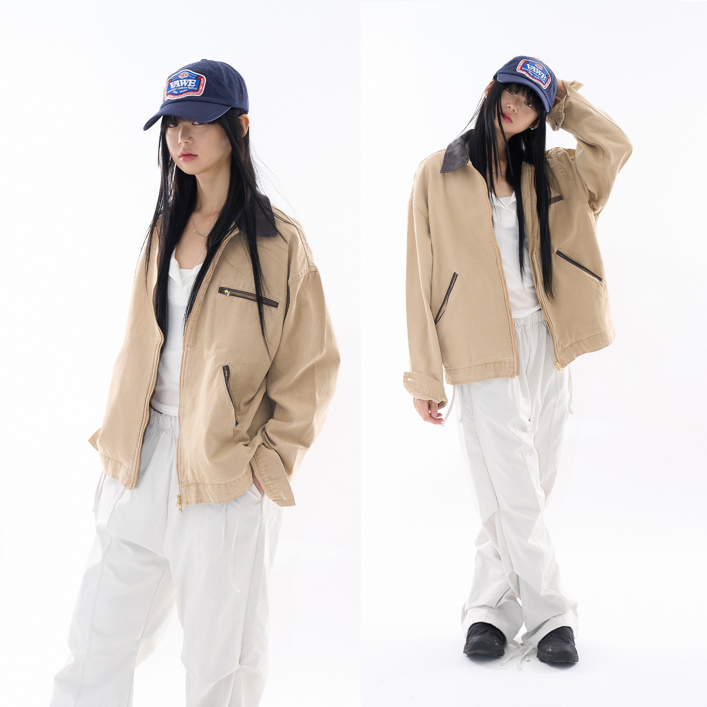 [2024 FW] オックスフォード ビンテージ ジップアップ ワークジャケット (UNISEX) ヴィンテージ 韓国ファッション オーバーサイズ スタイル k-pop ファッション 秋 冬 ファッシ