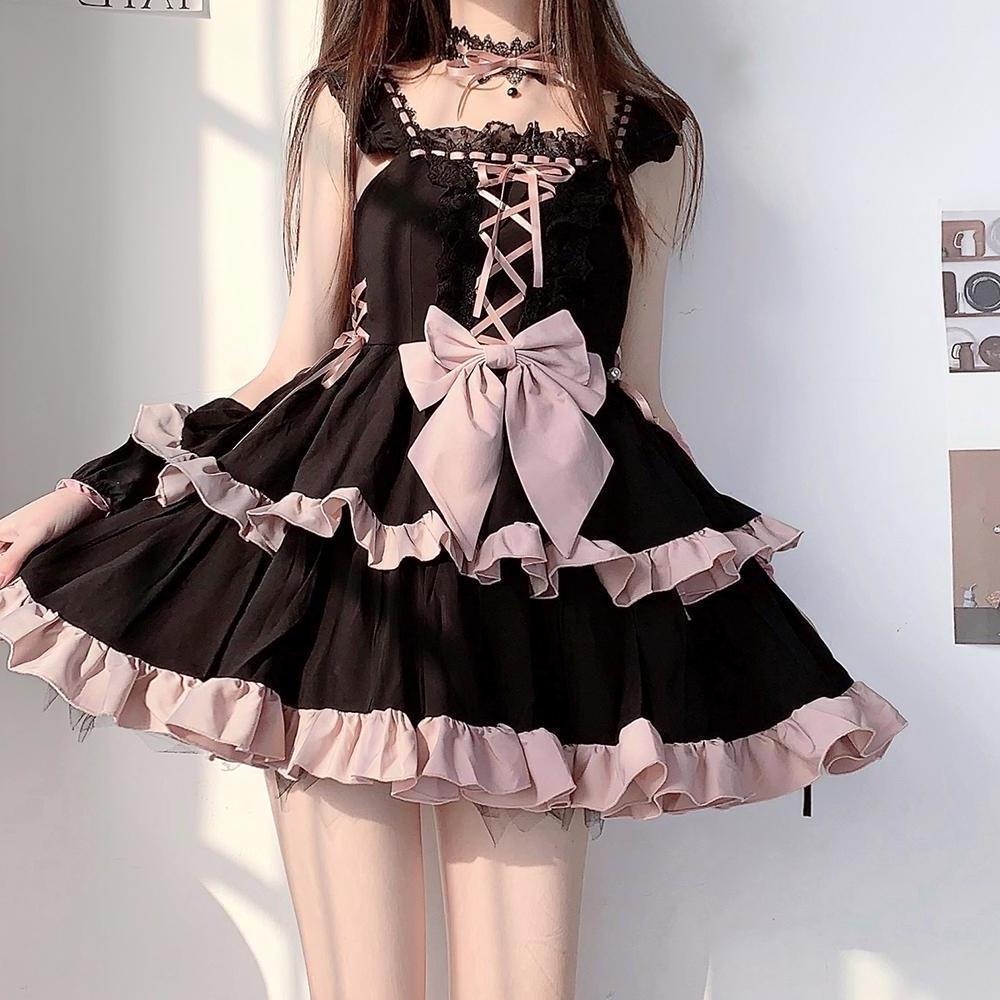 プラスサイズの太った女の子ポンドのフリルストラップ超短いロリータスカートダークロリータドレス