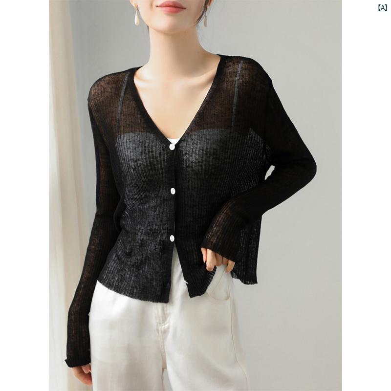 レディース ファッション　レディース　カジュアル　上品　綺麗　外出 リネン 薄手 Vネック 長袖 日焼け防止 カーディガン 夏 シースルー スリム 快適 シャツ ブラウス イエロー 色 西洋