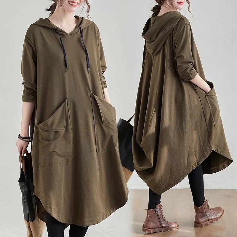 2024韓国ファッション大サイズゆったりパーカーロングワンピースポケット無地フード付きワンピース30%制限 4,851円