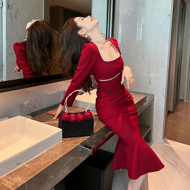 【送料無料】新しい韓国ファッションドレスウェディングドレスフォーマルドレスチャイナドレスパーティーVネックラウンドネック半袖長袖ワンショルダーAラインロングスカート高級116