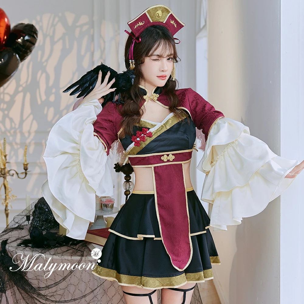 【即納】ハロウィン コスプレ 仮装 道士 キョンシー チャイナ ボルドー 赤 コスチューム 仮装 レディース 大人 女性 セット 一式 malymoon マリームーン【9692】