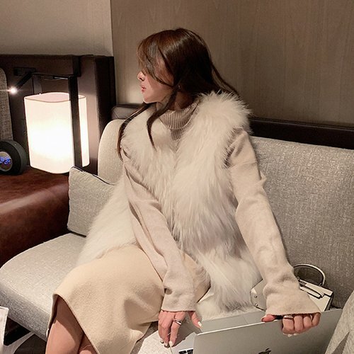 秋INS 新作 好感度UP レトロ ベスト レディース エコファー ふわふわ ファーベスト アプリコットホワイト/フリーサイズ 3376