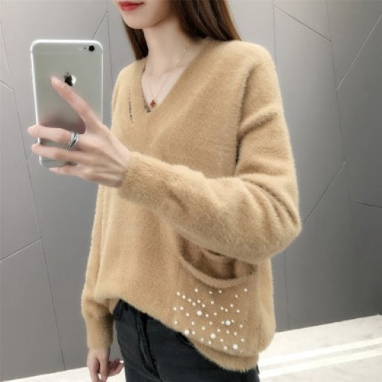 長袖ニットセーター レディース トップス Vネック シンプル 無地 プルオーバー ニット セーター ポケット パール 装飾 長袖 カジュアル お出掛け おしゃれ きれいめ 長袖ニットセーター