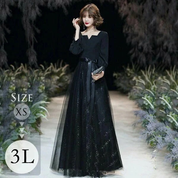 HOT!!!ドレス 大人 ピアノ 発表会 ロングドレス 演奏会 結婚式 母親 ピアノ発表会 黒 袖付き ワンピース ブライズメイド ドレス ロング 演奏会ドレス 演奏会用ドレス キラキラドレス Vネッ