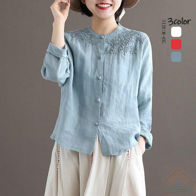 シャツ 刺繍 ブラウス トップス シャツブラウス レディース 前開き 長袖 柄 亜麻 麻 リネン 綿麻 ボタンデザイン ゆったり シンプル カジュアル 可愛い 春 30代 バレンタイン 2023 プレ