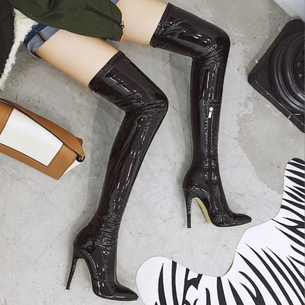 【期間特典】ブーツ レディース ニーハイブーツ エナメル ロングブーツ ストレッチソックスブーツ サイハイブーツ 7.5/10/11.5センチ ハイヒール キレイめ スーパーロングブーツ ロング丈 9,014円