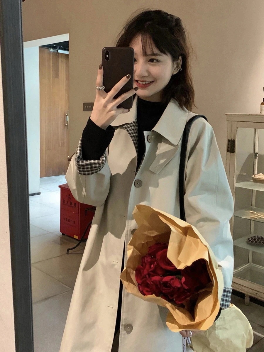 2024新作秋冬服 トレンチコート レディース ウインドブレーカー レディース ミディアム 英倫風 カーキチェック ジャケット 韓国 トレンチコート ロング 通勤 アウター