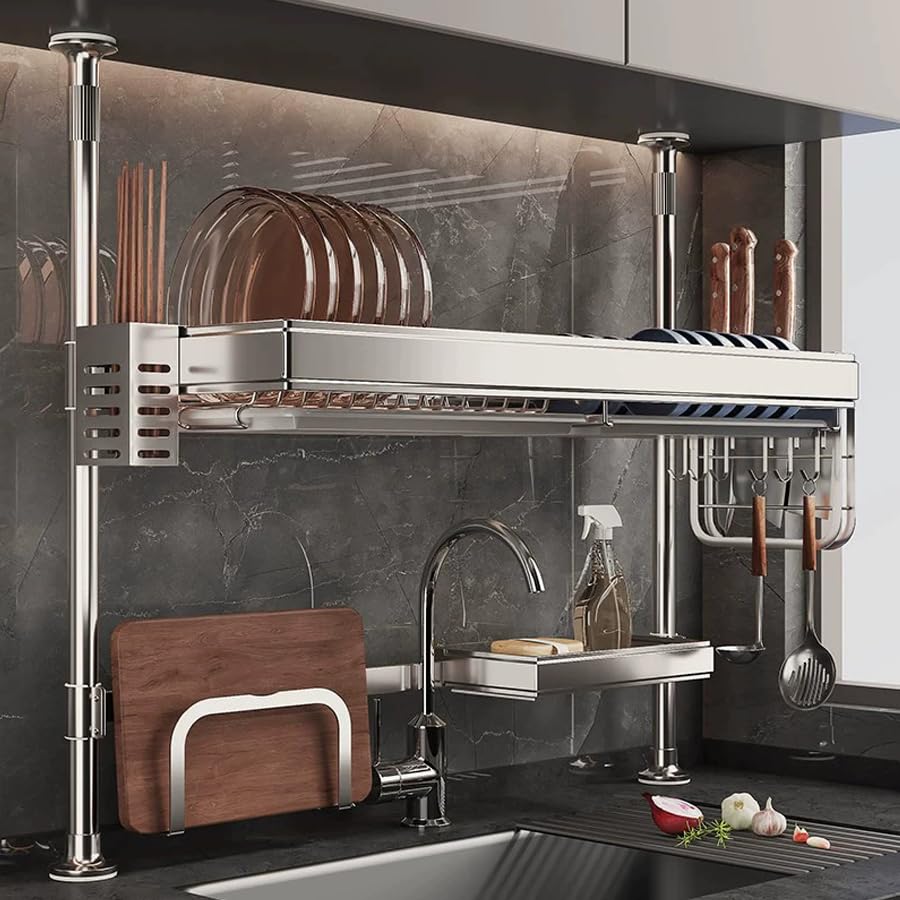 水切りラック シンク上 ステンレス 食器 水切り かご ラック 大容量 突っ張り つっぱり式 キッチン 省スペース 多機能収納 洗い物ラック シルバー 幅78x奥行30.5x高66.5-105CM