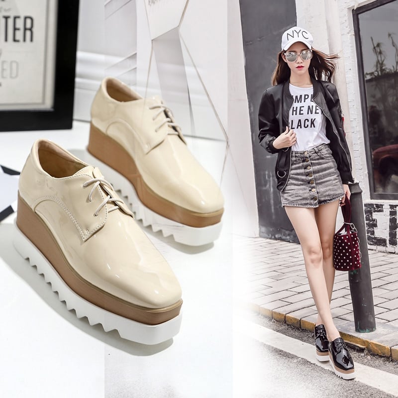 レディース 厚底 オックスフォード l カジュアル レース アップ 7cmヒール パテントレザー おしゃれ マニッシュ オールシーズン デート お出かけ 女子会 休日 旅行 足長 色 アイボ