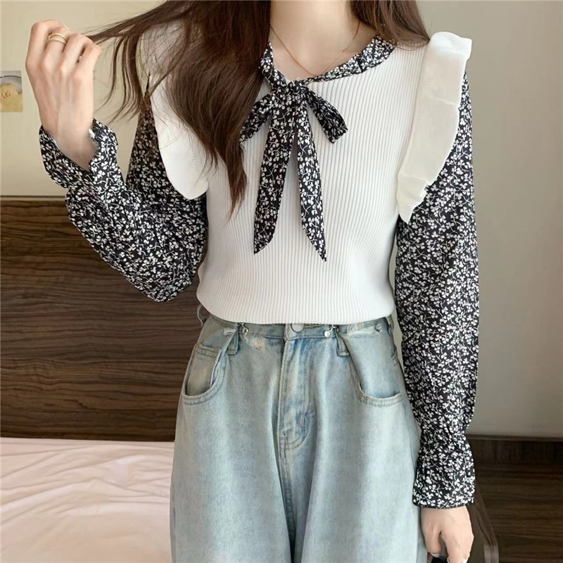 トップス カットソー ミディアム丈 フェイクレイヤード 袖あり 長袖 Vネック 襟付き ストレート リボン ホワイト アプリコット ブラウン こなれ感 きれいめ ラフ ラブリー キュート 個性的