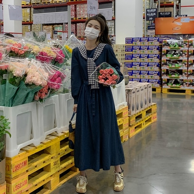 ワンピース デート デニムワンピース ミモレ ミモレ丈 袖あり 長袖 ハイウエスト デニム 春 秋 個性的 ブルー S M L XL ロング丈 こなれ感 ゆったり レトロ ウエストマーク ラフ