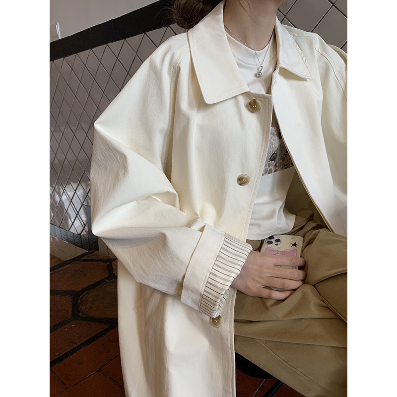 2025 ホワイト優しい日本のシンプルなウインドブレーカージャケットルーズスリムエレガントカジュアルミッドレングスウインドブレーカージャケット